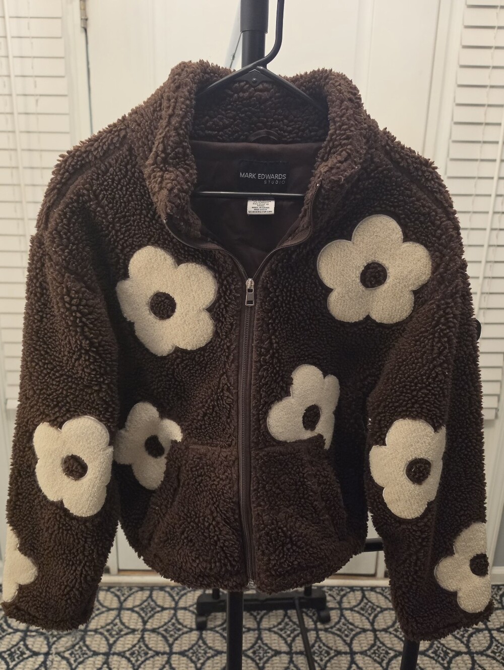 Mark Edward Studio Brown Sherpa Jacket with Cream Flower Appliqués